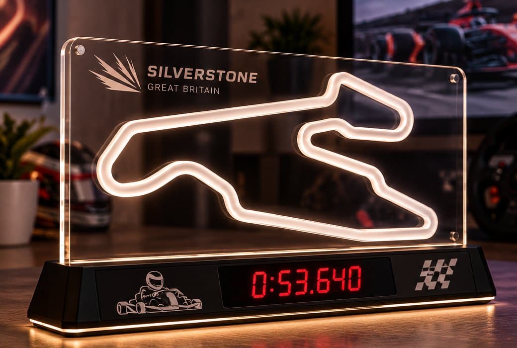 LED track with lap timer, lit in warm white